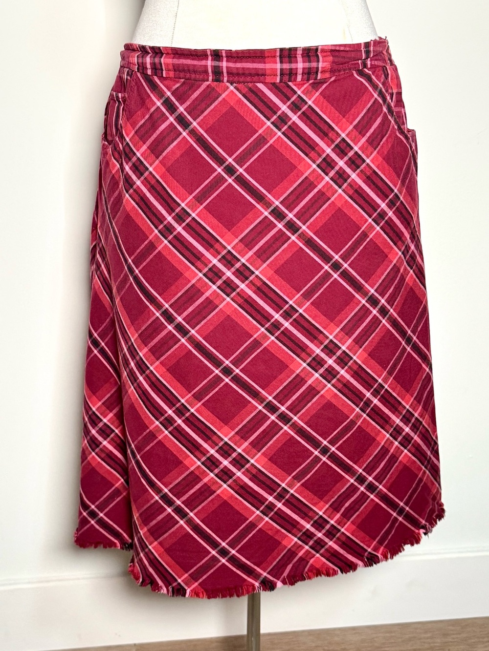 Basic Editions XL Red Pink Plaid Cotton Midi Skirt Frayed Hem Plus Size